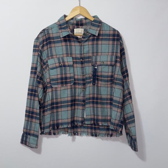 Lucky Brand Blue Raw Edge Plaid Button-up Shirt Womens size large - Picture 1 of 8